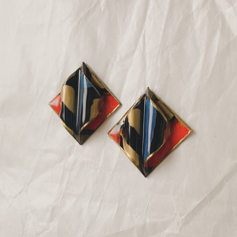 Vintage Orange Blue Gold Funky Abstract Mod Diamond Plastic Statement Earrings - Picture 2 of 10